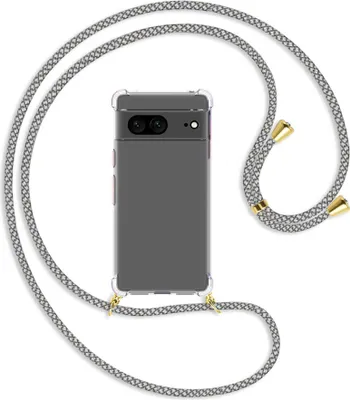 Produktbild von Handykette Backcover-Schutzhülle mit Band (Metall goldfarben) für Google Pixel 7 - weiß/grau kariert