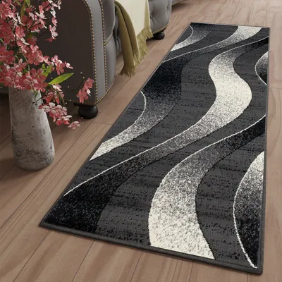 Immagine prodotto di Tappeto da corridoio al metro, moderno, a righe, ondulato, grigio scuro, crema, nero, per soggiorno e cucina, ÖKOTEX, 60 x 710
