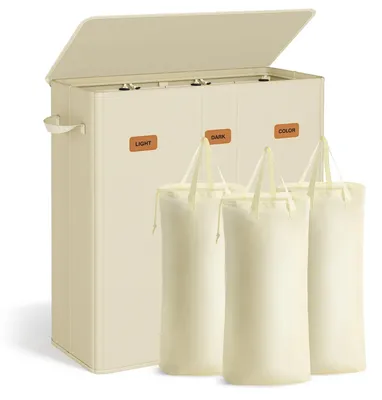 Produktbild von Wäschekorb - 3 Fächer - 160 L Volumen - Mit Deckel - 5 Etiketten - Herausnehmbarer & Waschbarer Innensack - Oxford-Gewebe - Weiß