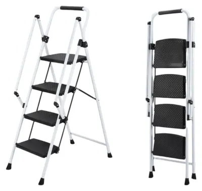 Produktbild von 4 Stufen Leiter Weiß Leichte Klappleiter mit Breiten Anti Rutsch Pedalen und Sicherheitsgriff Stabiler Stahl Tritthocker für Küche Büro Haus