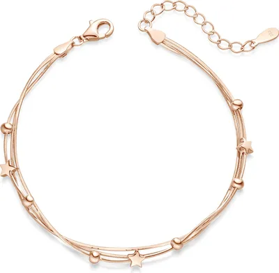 3-reihiges Armkettchen mit kleinen Kugeln und Sternen in Rosegold mit Karabinerverschluss und Verlängerungskette.