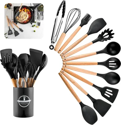 Produktbild von Küchenwerkzeugset 12-teilig, Antihaft, Hitzebeständige Holzgriffe, Silikon Kochgeschirr, Spülmaschinenfest