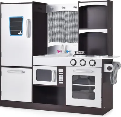 Produktbild von Moderne Kinderküche mit Spüle Herd Backofen Kühlschrank Mikrowelle, Kinderspielküche, Spielküche aus Holz für Kinder ab 3 Jahren kaffeebraun