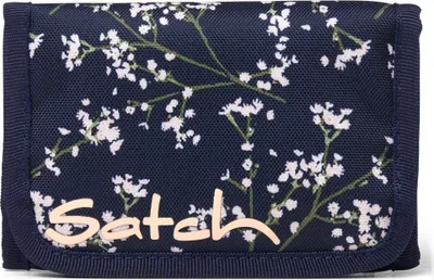 A close-up view of a navy blue wallet with a floral pattern and the brand name 'Satch' printed on it.