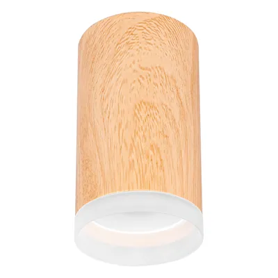 A cylindrical light fixture with a wood-grain exterior and a white base.