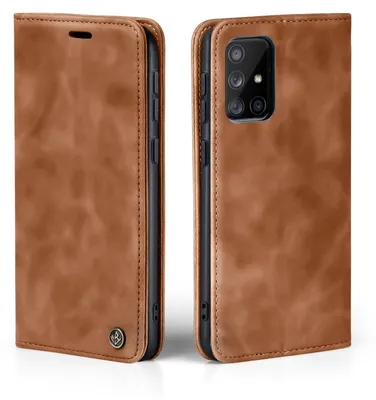 A brown leather flip case for a smartphone, shown from the front and back.