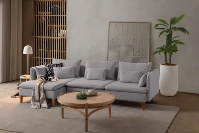 Produktbild von Hanah Home, Hochwertiges Ecksofa, Grau, 285 x 150 x 100 cm | 70% HORNBEAM, 30% melaminbeschichtete Spanplatte | 100% Polyester, 8 Kissen, pflegeleicht, modular, 240 kg Tragfähigkeit.