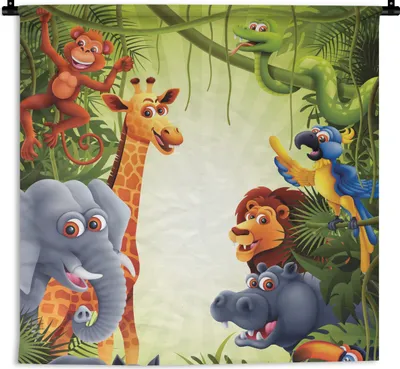 Produktbild von MuchoWow® Wandteppich Wandbehang Dschungel - Jungen - Mädchen - Baby - Elefant - Löwe - Giraffe 90x90 cm Tapisserie Dekoration Wandtuch - Wandaufhänger