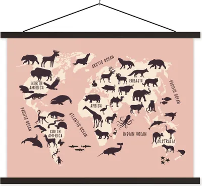 Produktbild von MuchoWow® Textilposter Weltkarte - Tiere - Rosa 40x30 cm mit schwarzem Rahmen - Dekorationen