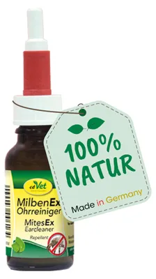 Productafbeelding van MilbenEx Oorreiniger, vloeibaar. Oplossing ter bestrijding van oormijt bij honden, katten en andere huisdieren, 20 ml