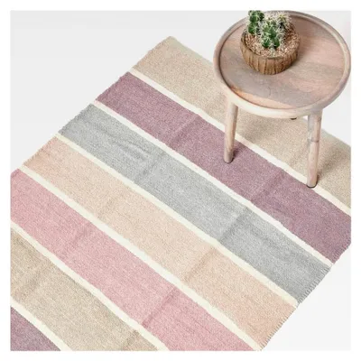 Produktbild von Waschbarer Chenille Teppich/Läufer 110 x 170 cm, handgewebt aus 100% Baumwolle, blau, beige, lila und grau gestreift
