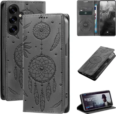 Produktbild von Handyhülle für Samsung Galaxy S25 FE RFID Schutz Klapphülle Case Cover Blumen Design Traumfänger Schutzhülle Farbe: Schwarz