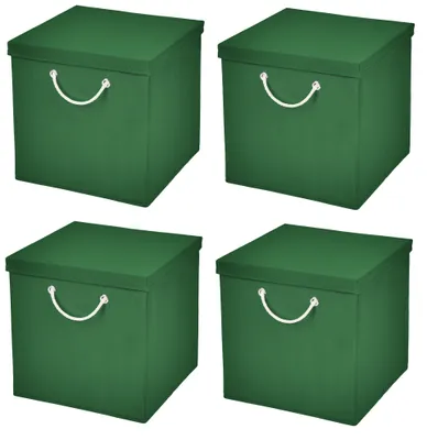 Produktbild von 4 Stück Dunkelgrün Faltbox 30 x 30 x 30 cm Aufbewahrungsbox faltbar mit Kordel und mit Deckel