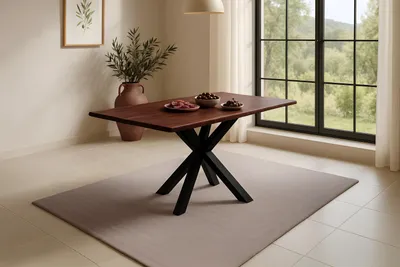 Produktbild von Refurbished Möbelretoure Esstisch Baumkante massiv Akazie kastaniefarben 120 x 80 cm Spider-Gestell schwarz ROXANA