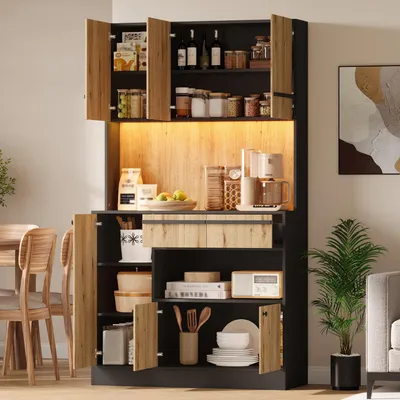 Produktbild von MODFU Küchenschrank 100x40x180 cm, Hochschrank mit LED, Buffetschrank mit 2 Schubladen,Aufbewahrungsschrank mit höhenverstellbaren Einlegeböden, Natur
