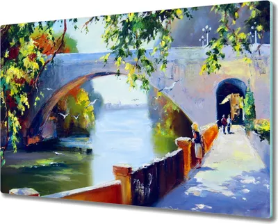 Produktbild von Coloray Schneidebrett Herdabdeckplatte 80x52 cm Kochplattenabdeckung Küchenbrett Hackbrett - Baum Fluss-Brücke
