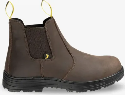 A side view of a brown work boot.