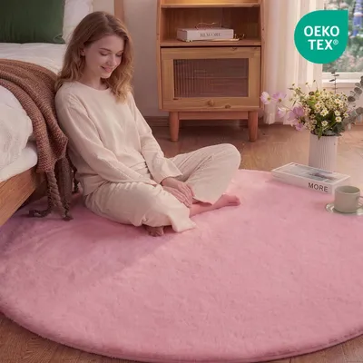 Produktbild von Rundes Kunstbort Teppich, konijnenvacht-Optik, 120 cm Durchmesser, für Wohnzimmer