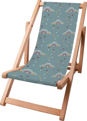 A wooden beach chair with a fabric seat featuring a rainbow and heart pattern.