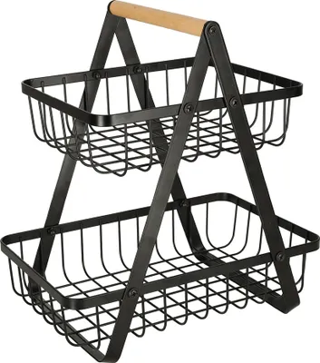 A two-tiered wire basket with a wooden handle.