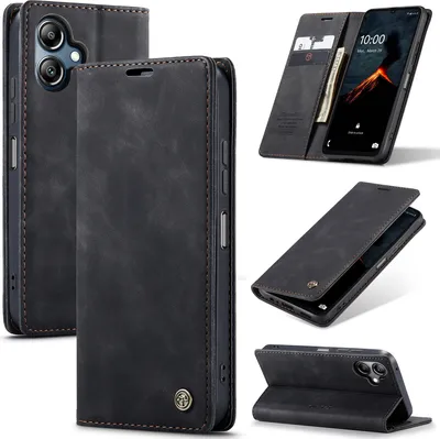A collage of images showing a black flip phone case from different angles, including one with a phone inside.