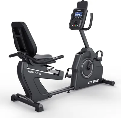 A studio shot of a recumbent exercise bike against a white background.