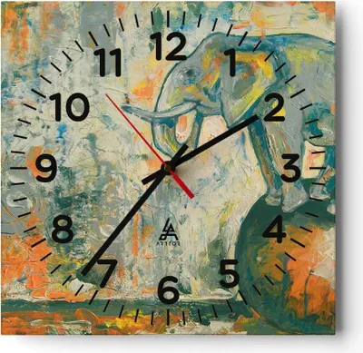 Produktbild von Wanduhr - Quadrat - Glasuhr - Elefant Abstraktion - 30x30cm - Schleichendes Uhrwerk - Lautlos - zum Aufhängen bereit - Dekoration Modern - Wanddekoration aus Glas - C4AC30x30-3566