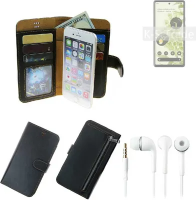 Produktbild von TOP SET Handy Hülle Schutz Hülle kompatibel mit Google Pixel 6  schwarz aus Kunstleder + Kopfhörer Smartphone Tasche vollwertige Geldbörse