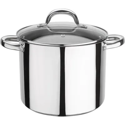 A stainless steel pot with a glass lid and handles.