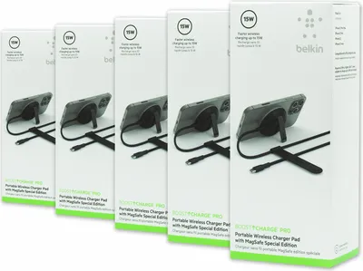 Zdjęcie produktu dla Zestaw 5 sztuk nowych bezprzewodowych ładowarek Belkin Boost Charge Pro z MagSafe, 15 W, kolor czarny