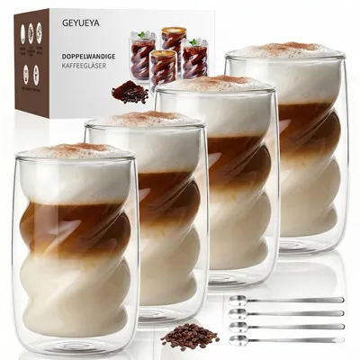 Image de Verres Latte Macchiato, 350 ml, à double paroi, avec cuillères, lot de 4, en verre borosilicaté