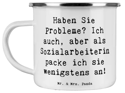 Produktbild von Mr. & Mrs. Panda Teebecher Spruch Sozialarbeiterin Probleme - Weiß - Geschenk, Vertrauen, Kaffeepott, Blechtasse, Teetasse, Engagement, anpacken, Emaille Tasse, für, Pott