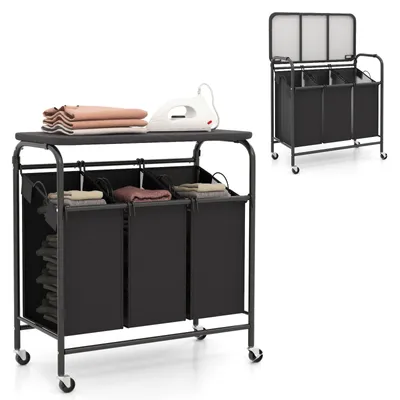 A laundry sorter with an ironing board on top, featuring three black laundry bags and folded clothes and an iron on the ironing board. A smaller inset image shows the same laundry sorter with its lid open.