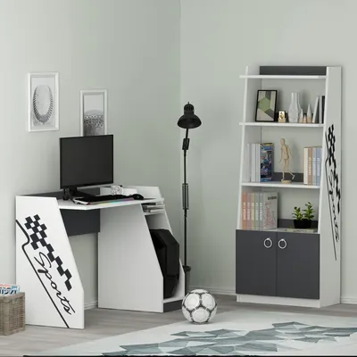 Produktbild von HOMIDEA Roby Schreibtisch mit Bücherregal – Computerarbeitsplatz, Lernplatz und Stauraum für Kinder- und Jugendzimmer (Weiß/Anthrazit)