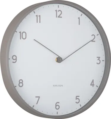 A close-up view of a wall clock with a white face and gray numbers and hands.