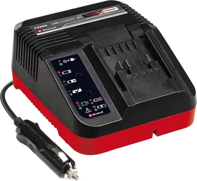 A black and red Einhell Power X-Change car charger is shown against a white background.