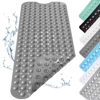 Image de Tapis de douche antidérapant, gris, dimensions 100x40 cm, avec ventouses et orifices de drainage
