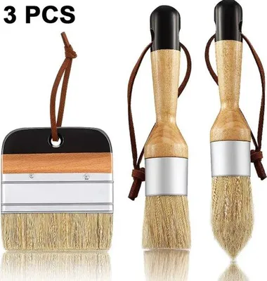 Produktbild von 3-teilig Set mit runden Pinseln für Kreidefarbe und Waschfarbe, ideal für Möbel, Wohnaccessoires, Wasch- und Glasuren von Keramik (braun + schwarz).