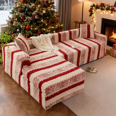 Produktbild von L Form Sofabezug,Stretch dickem Samt Couchbezug 3 Sitzer+4 Sitzer Ecksofa Hussen,Rutschfester weicher Fleece Sofa überwurfdecke,Plüsch Fuzzy Möbelschutz für Kinder,Haustiere,Rot