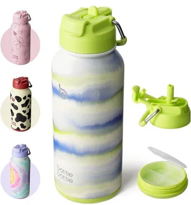 Produktbild von Isolierfles 1L mit Grasstange – Sportflasche für Fitnessstudio, mit Medikamentenfach, BPA-frei, doppelwandig (tropenfest)