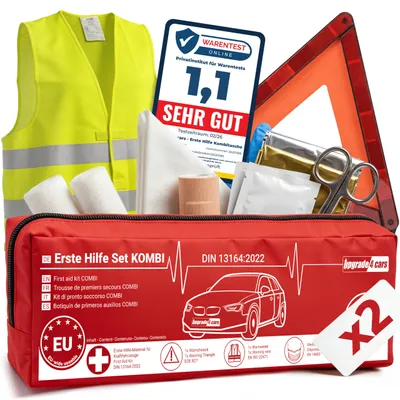 Produktbild von 2 x Upgrade4cars Auto Verbandskasten 2026 mit Warndreieck & Warnweste nach aktueller Norm DIN 13164 Europaweit Gültig Kombitasche Erste Hilfe Pannenset Unfall Zubehör Pannendreieck