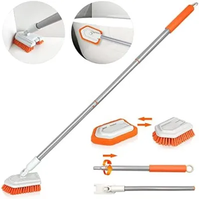 Produktbild von PolkaHome® 2-in-1 Schrubber mit langem Stiel, Reinigungsbürste für Bad, abnehmbare Bürste mit harten Borsten und Schwammkopf, 81-106,6 cm