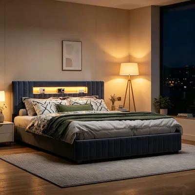 Produktbild von INONEFT Boxspringbetten Polsterbett 140x200 mit LED-Kopfteil, Doppelbett mit Stauraum und Lattenrost, Hydraulisch Stauraumbett Bettgestell, Samt, Grau