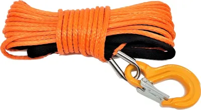 A coiled orange winch rope with a black sleeve and a metal hook attached.