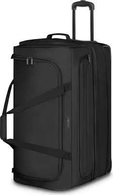 A black wheeled duffle bag on a white background.