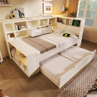 Immagine prodotto di Abrihome letto da giorno in legno 90x190cm con letto estraibile, divano letto per bambini con USB e vano portaoggetti, bianco