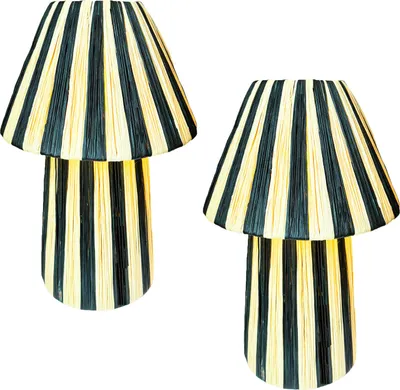 Produktbild von Marrakesch 2er Set Tischlampe Nachttischlampe 40cm groß aus Raffia bast | Boho Lampe Stehlampe als Wohnzimmer Schlafzimmer oder Kinderzimmer Deko | Tischleuchte Morjan Beige Schwarz E27 Fassung