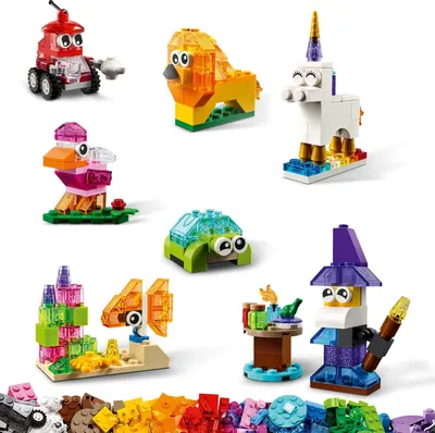 Produktbild von LEGO Classic Kreativ-Bauset mit durchsichtigen Steinen, mit Löwe, Vogel und Schildkröte, Konstruktionsspielzeug aus Bausteinen ab 4 Jahren 11013