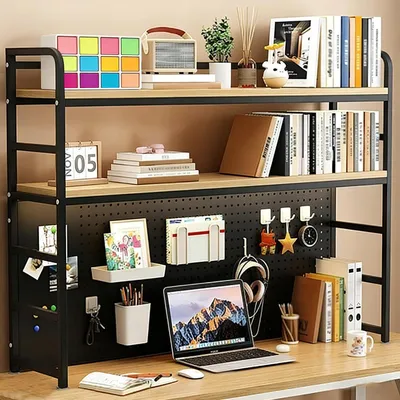 Immagine prodotto di Scaffale da scrivania con 2 ripiani, in legno e metallo, 110 cm, finitura effetto noce
