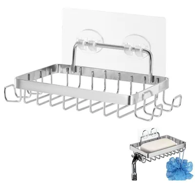 Image de Porte-savon avec égouttoir - Récipient pour savon pour douche et bain - Étagère à savon suspendue - Adhésive, sans perçage - Fixation murale - Argenté